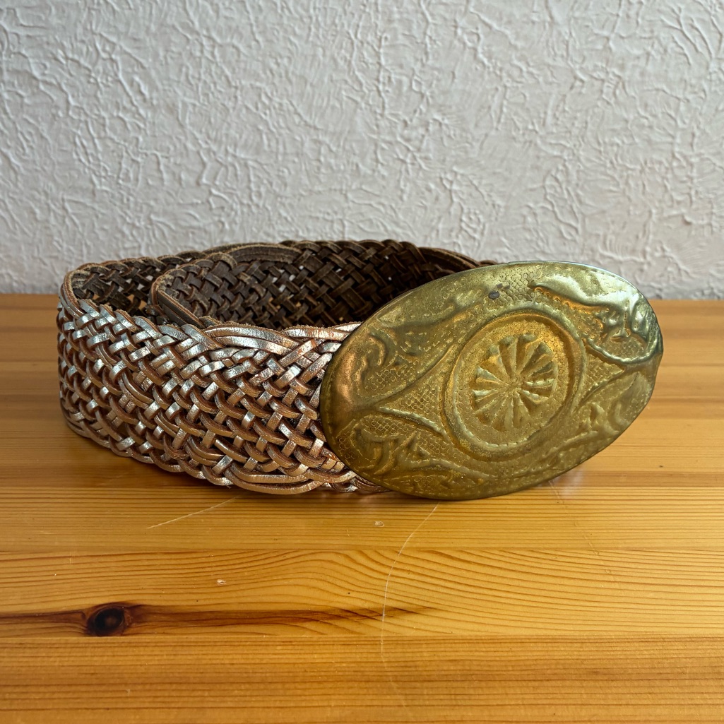 Vintage Braided Silver Leather And Brass Color Bohemian Belt